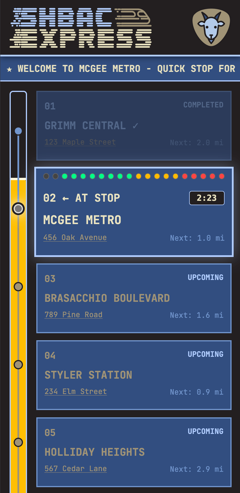 Screenshot of the Goat Path app showing the subway-style stop list