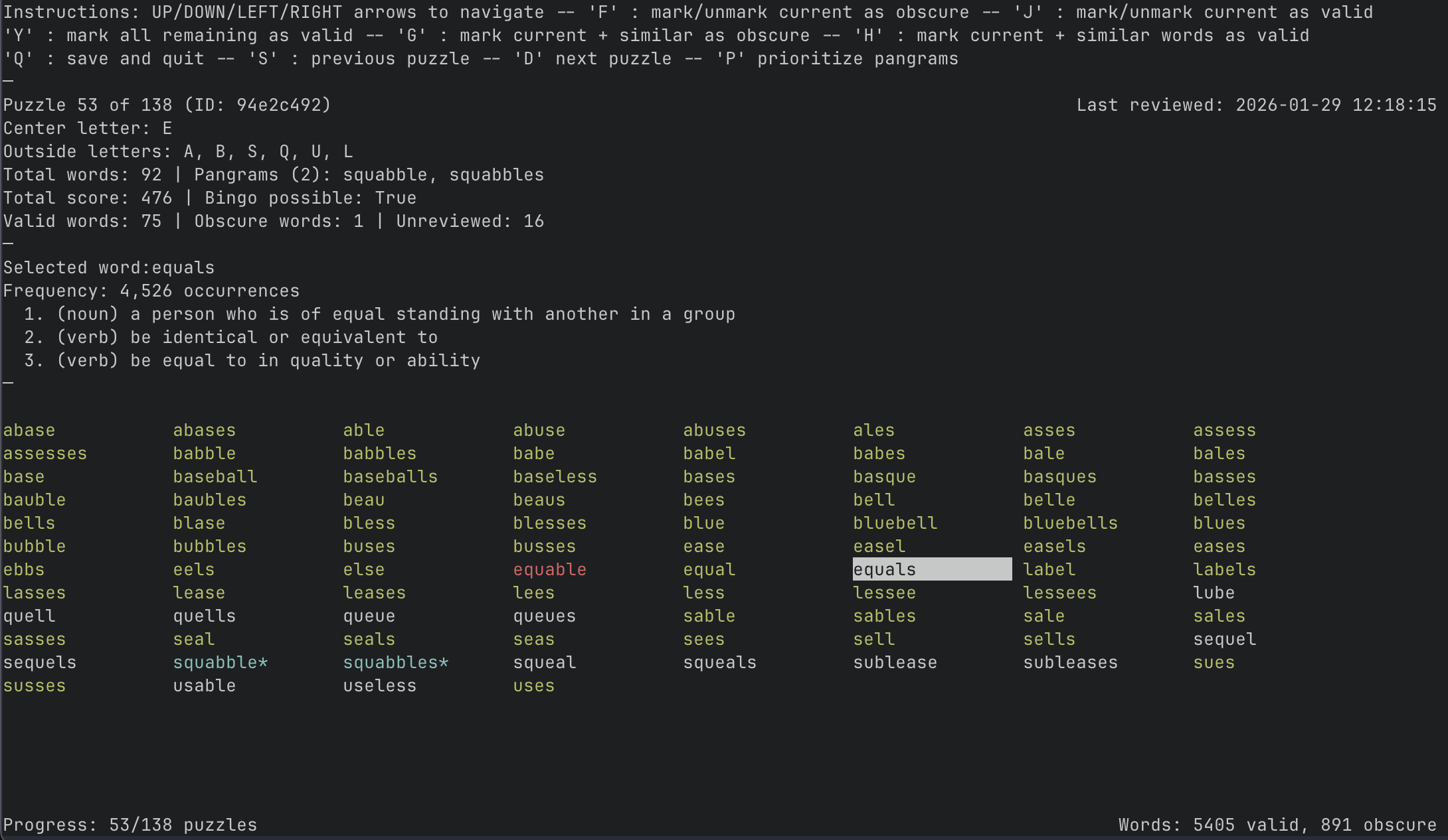Screenshot of the terminal-based puzzle review tool